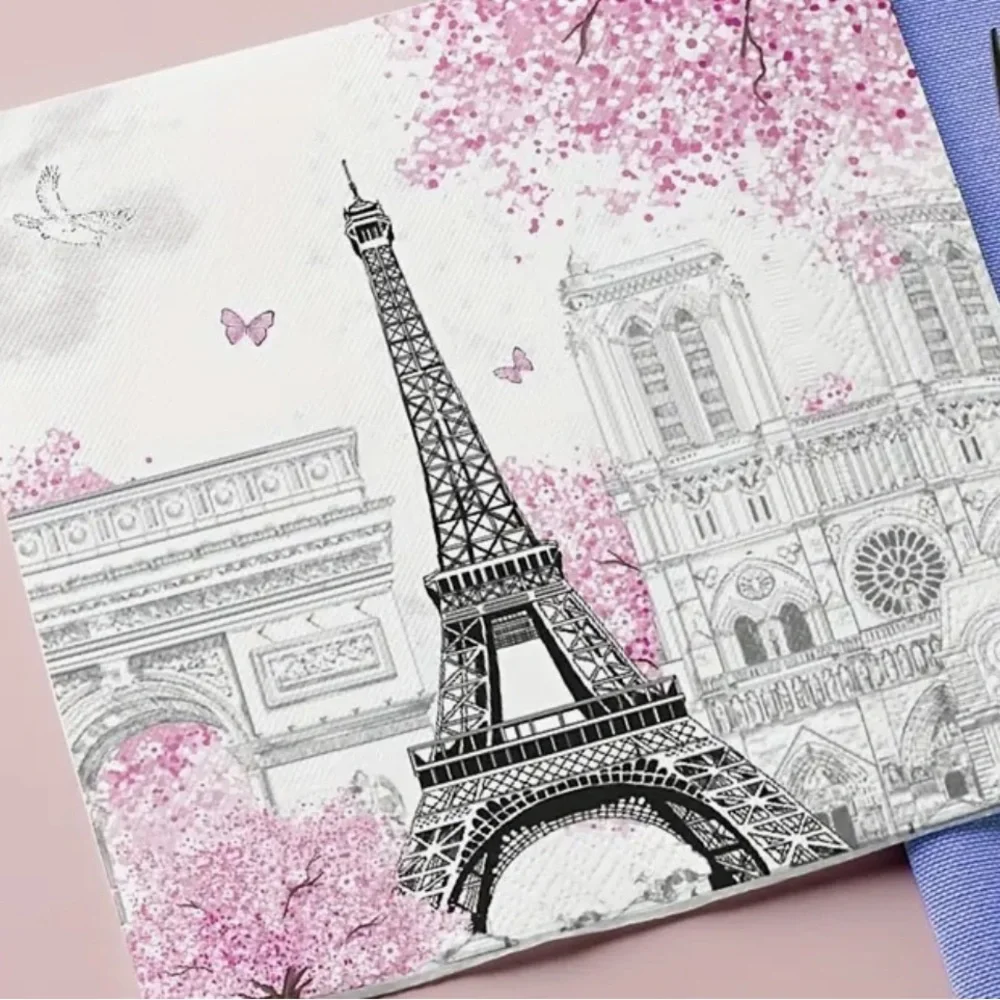 Set of Two (2) Individual Parisian Floral Script Decoupage Luncheon Size Napkins